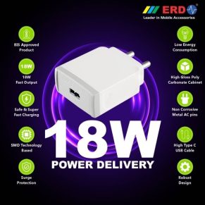 ERD TC-45 Fast Charging USB Adapter with 1 Meter Long USB Type C Cable (White)